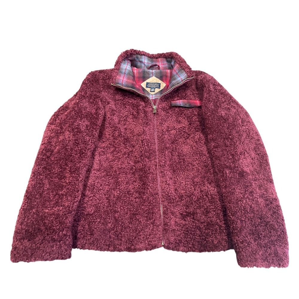 Pendleton Womens Burgundy Sherpa Fleece Full Zip Jacket Plaid Trim‎ P1558 L